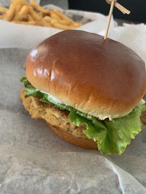 Crab cake sandwich and battered fries