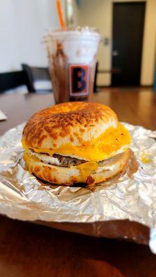 Sausage Egg & Cheese On Asiago Bagel