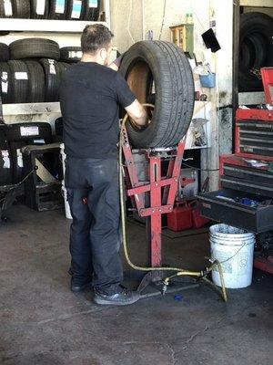 Tire getting patched.