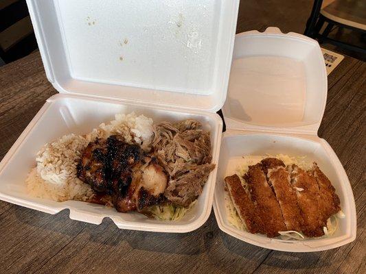 Mini with White Rice , Teriyaki Chicken  and Kali pig with a side of Katsu Chicken