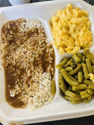 Rice & gravy, mac & cheese, green beans