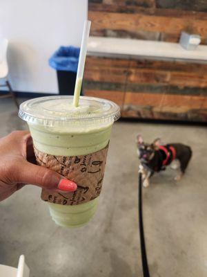 Matcha Green Frappe with my service dog