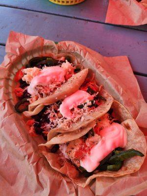 Buttermilk tacos with cilantro lime rice, black beans, chicken, pablanos, cheese, and sour cream