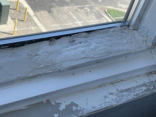 Unpainted poorly patched window with half a Tube of silicone glob