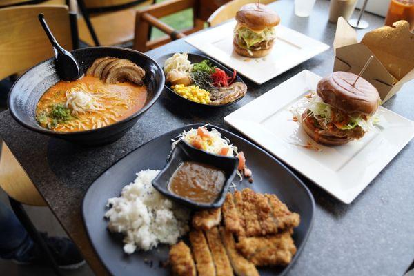 Ramen, sampler platter, pork katsu curry, kamikaze burger , galbi burger