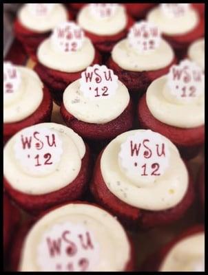 Red velvet hand stamped deco cupcakes with cream cheese frosting