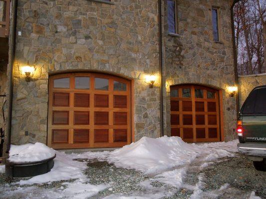 Custom made Brazilian cherry garage doors.  Home designed and built by Owner of Collins Construction.