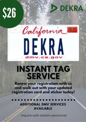 Smog and renew your registration using our instant tag service! Registration card and stickers issued on the spot!