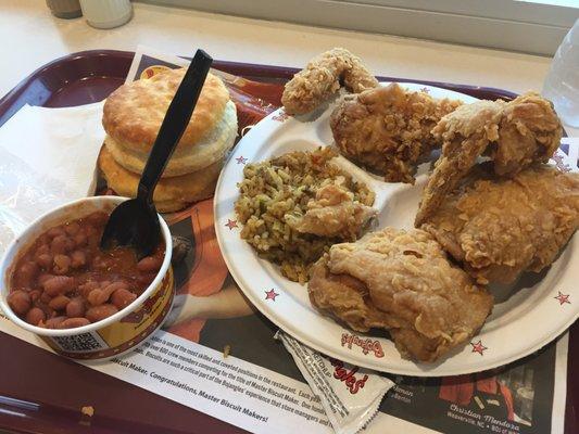 3-piece chicken dinner with bean and dirty rice