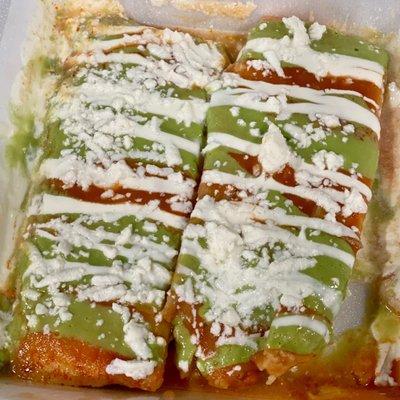 Chala's Plate with two tamales, red tomato sauce, avocado sauce, sour cream, and cheese - Chalita's Tamales