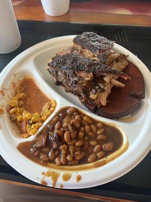 2 Meat platter (Ribs and Bologna) street corn and beans.