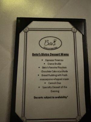 Dessert menu