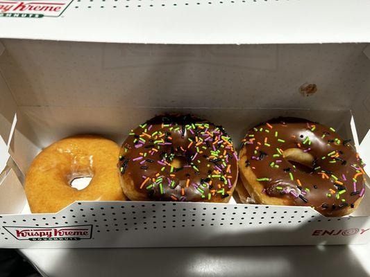 Original glazed donut and chocolate glazed with sprinkles