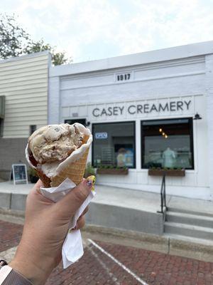 Mocha Mudslide, and Strawberry Rhubarb Cobbler in a vanilla-dipped waffle cone.