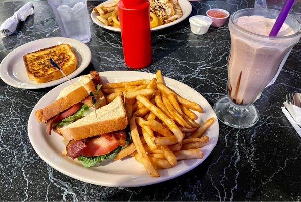 Blt Sandwicheith Seasoned Fries and chocolate shake