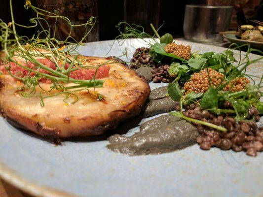 Plate:  Celery Root with goma paste, lentils