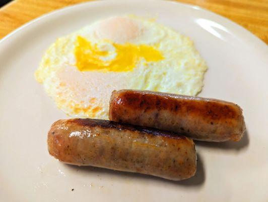 Two large, flavorful sausages and two eggs. Morts 8/9/23