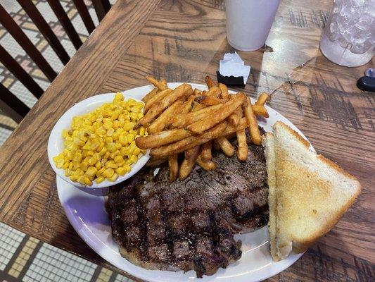 Ribeye, corn, fries