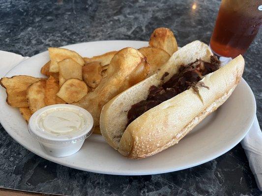 Barbecue steak sandwich and fresh made chips