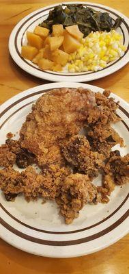 Fried chicken,  chicken livers, rutabaga, collards and sweet corn!