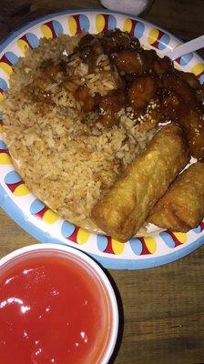 Sesame Chicken, egg rolls, and plain fried rice.  Egg rolls came with sweet and sour sauce. Food was okay..