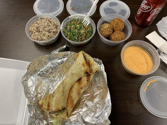 Kafta Kabob with rice, Tabouleh, Falafel and Hummus