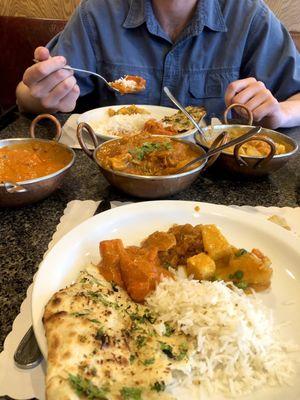 Chicken tikka masala, chicken vindaloo, navratan korma, Garlic Naan