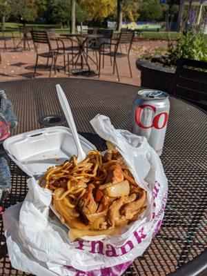 Lomein noodles and chicken. 1 main + noodles + drink for about $5.