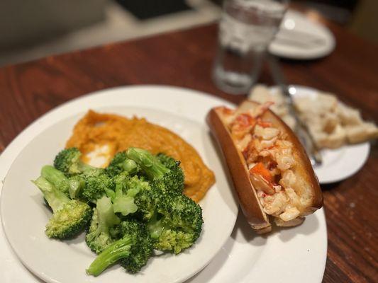 Lobster roll with Whipped Sweet Potato and Steamed Broccoli