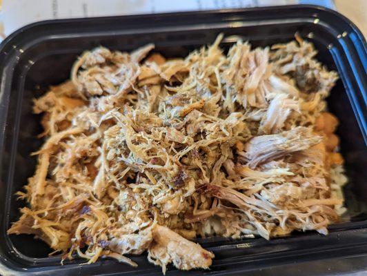 White rice  with cilantro, red pinto beans, and pulled pork