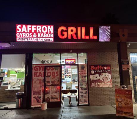 Restaurant front at night