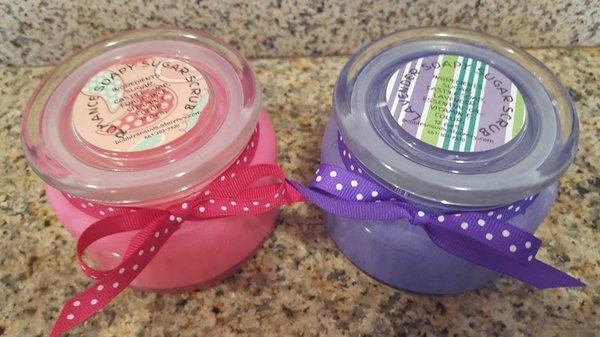 Sugar scrubs in 6 popular scents. $15 a jar.