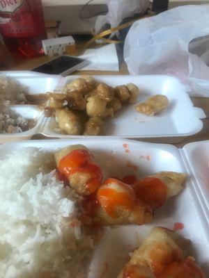 Sweet and sour chicken and sesame chicken... I think.