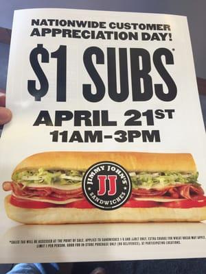 Jimmy John's - 2016 customer appreciation day - $1 subs April 21st