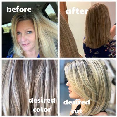 Wanted icy blond highlights with dark lowlights and a long bob.