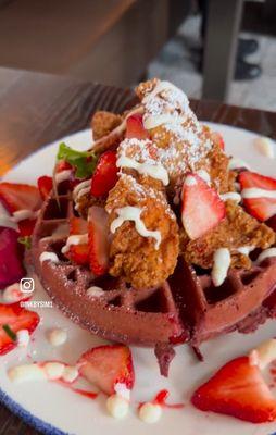 Red Velvet Waffles with our delicious fried chicken! Ends after Valentine's Day. #brunchdate