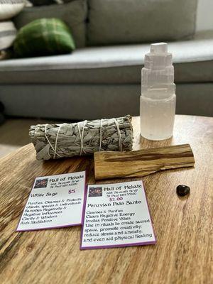 Selenite tower, Peruvian palo santo, White sage, and Tiger's Eye gemstone