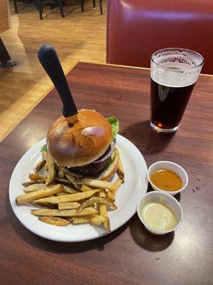 Elk burger w honey mustard and mango habenaro sauce