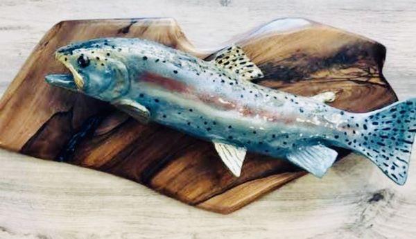 Jason House, resin cast fish on wood with Turquoise