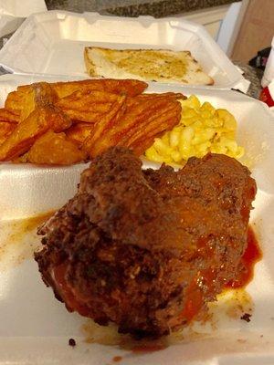 Hot Fried Chicken, Sweet Potato Fries, Pimento Mac n Cheese and Bread. Hot chicken was very hot this time!