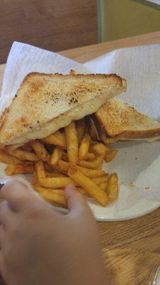 My son's grilled cheese sandwich with fries