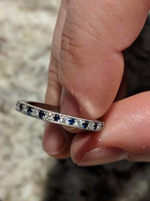 matching wedding band. platinum band with alternating pave diamonds and sapphires. perfect!