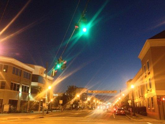 Similar sundown view driving west from  Red Roof Inn through downtown Jamestown.