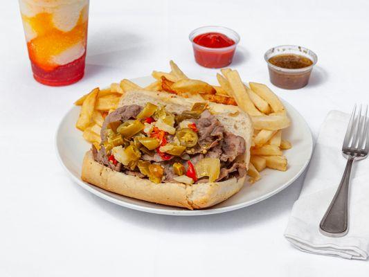 Slices of Italian Beef over your choice of Mozzarella or Cheddar on fresh 5" French bread dipped in Italian beef gravy. Sweet or hot giardin