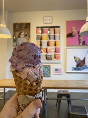 Waffle cone with strawberry buttermilk and wildberry lavender