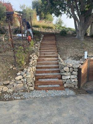 Timber Steps for fire access and Rock Wall