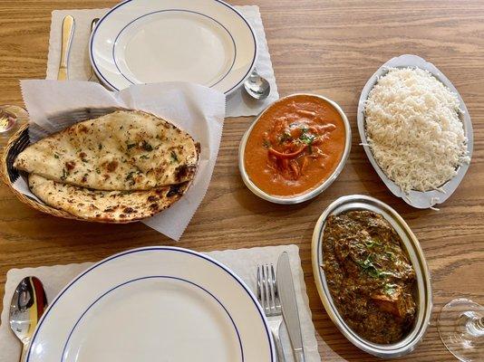 Saag Paneer, Garlic Nan and Chicken Tikka Masala