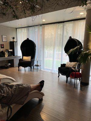 Relaxation room for before and after a massage or treatment.