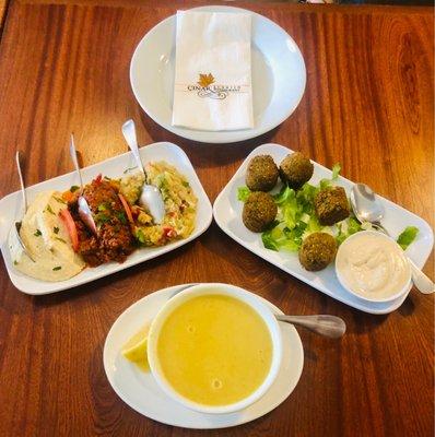 Falafel, lentil soup, hummus, smoked eggplant & spicy minced tomato with walnuts