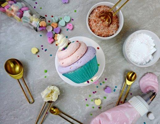 Unicorn Bath Cupcake! Frosting = bubble bath; Cake = bath bomb